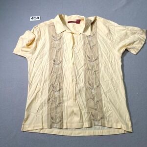 Sobrino Guayabera Shirt Mens XL Pale Butter Rayon Floral Embroidered Button Up